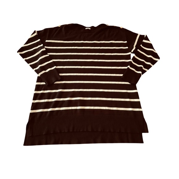 Anne Klein Sweaters - Anne Klein Black White Striped Tunic Sweater Gold Shoulder Buttons Medium